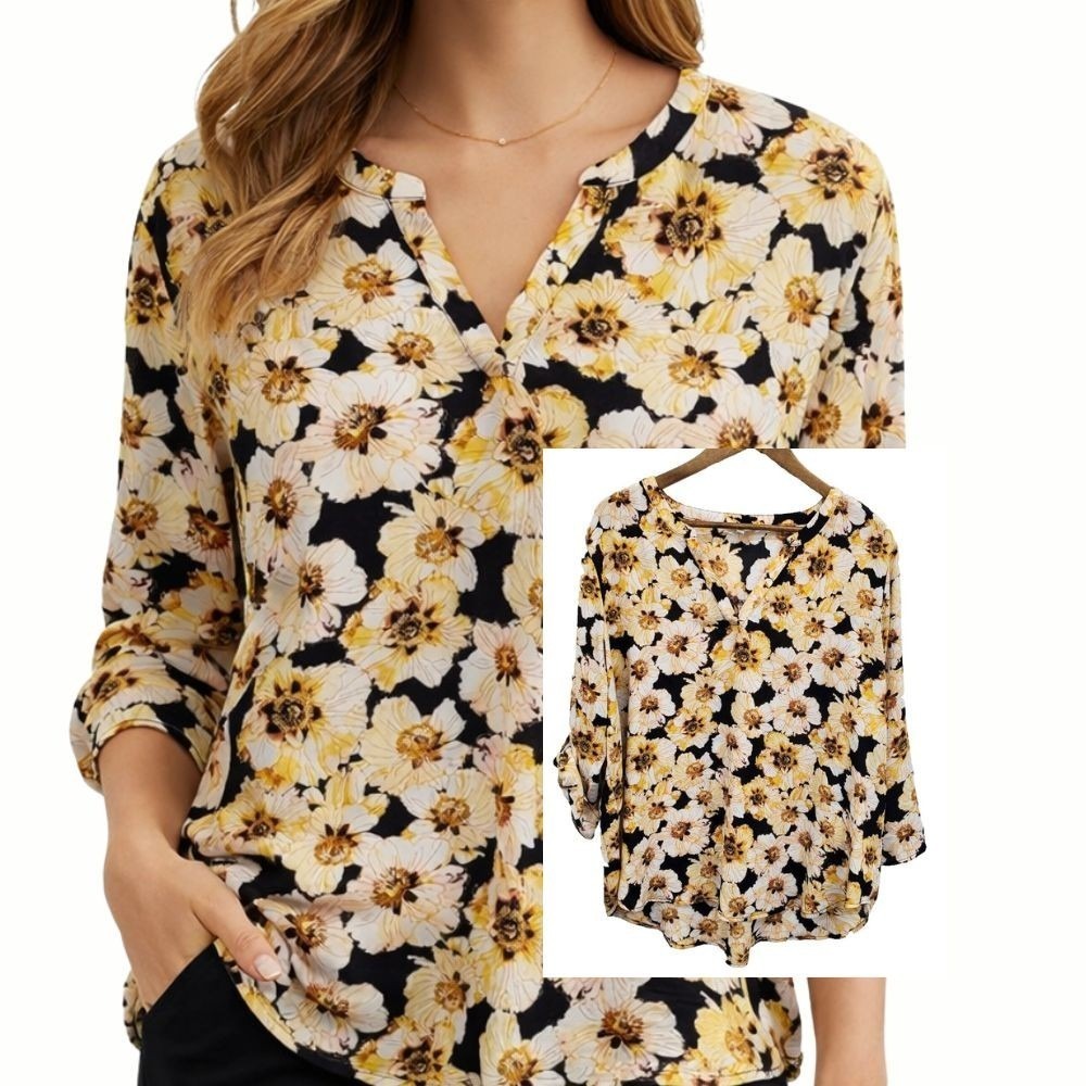 Maurices Blouse Floral V-Neck Roll Tab Sleeve Lightweight Work XXL